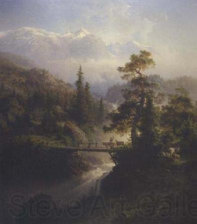 Hans Gude Landskap med buskap og foss Norge oil painting art